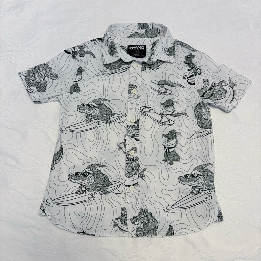 Tony Hawk Boys Short Sleeve White Green Alligator Printed Button Down Size 5/6